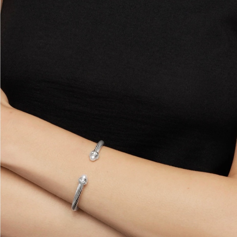David Yurman Silver, Pearl and Diamond Cable Bracelet